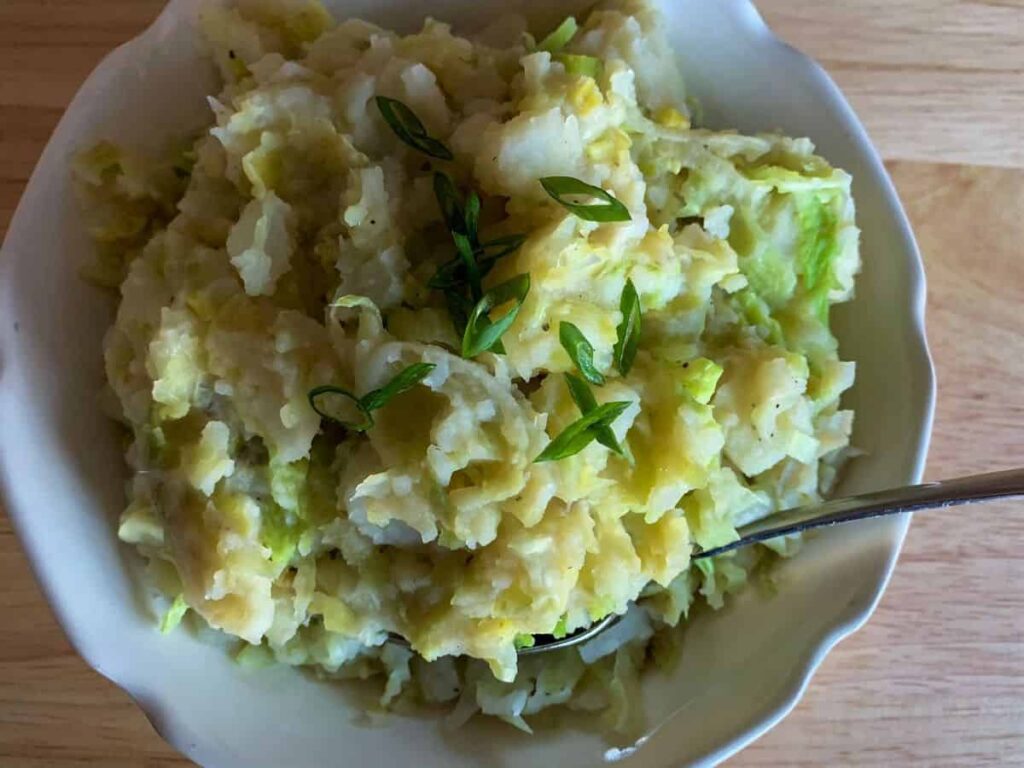 irish colcannon, colcannon, st patty's day, st patrick's day, vegan colcannon, mashed potatoes, potatoes, dairy free mashed potatoes, oil free mashed potatoes, leeks, roasted garlic, rustic potatoes