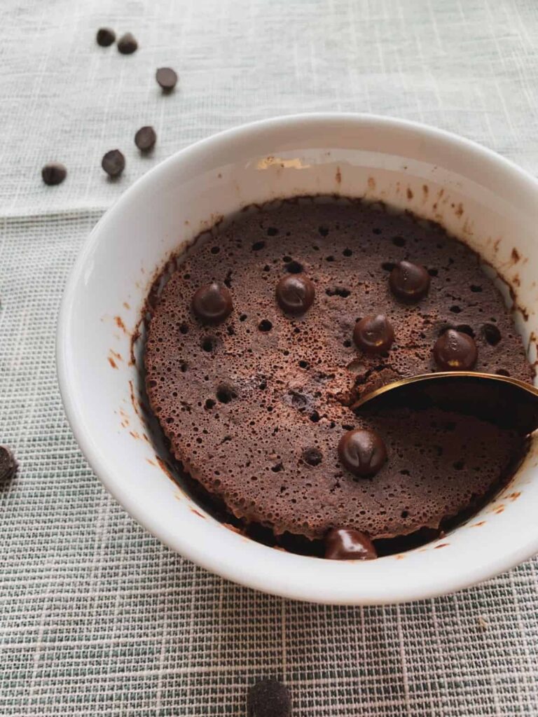 chocolate mocha mug cake in a white bowl