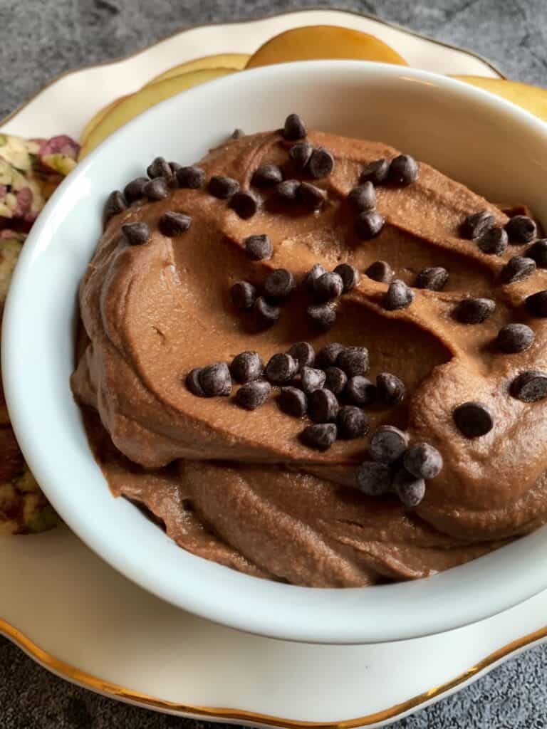 chocolate dessert hummus topped with chocolate chips