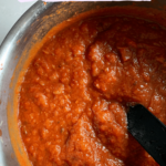 easy pumpkin marinara in a silver saucepan