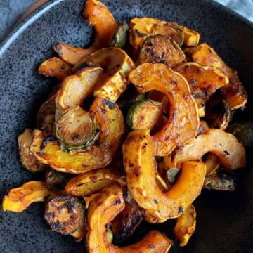 roasted gochujang delicata squash and brussels sprouts