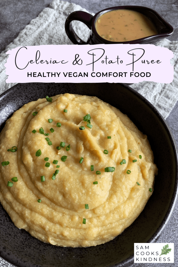celery root rand potato puree in a black bowl with gravy pinterest pin