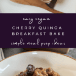 cherry quinoa breakfast bake in square dish with wooden spatula