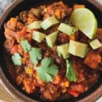instant pot vegan sweet potato chili with cilantro, lime and avocado