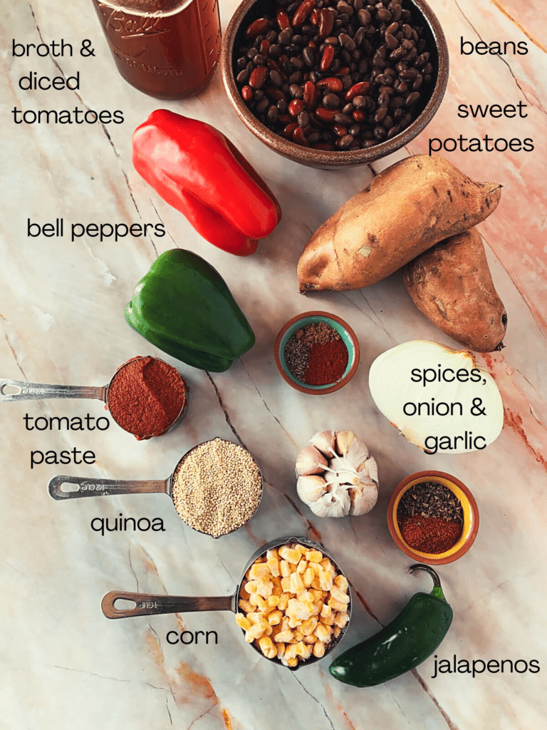 ingredients laid out for sweet potato quinoa chili