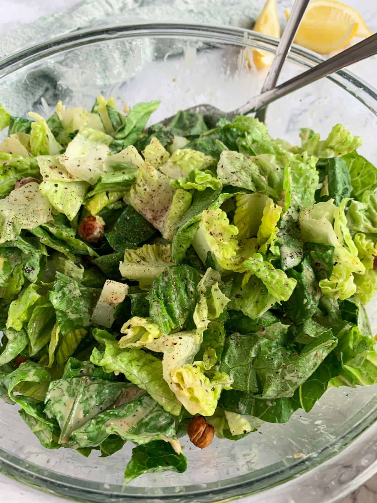 romaine lettuce in a bowl topped with vegan caesar salad dressing