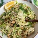 Pinterest image lemon dill chickpea orzo salad with shredded brussels sprouts.