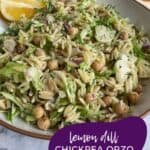 Pinterest image lemon dill chickpea orzo salad with shredded brussels sprouts.
