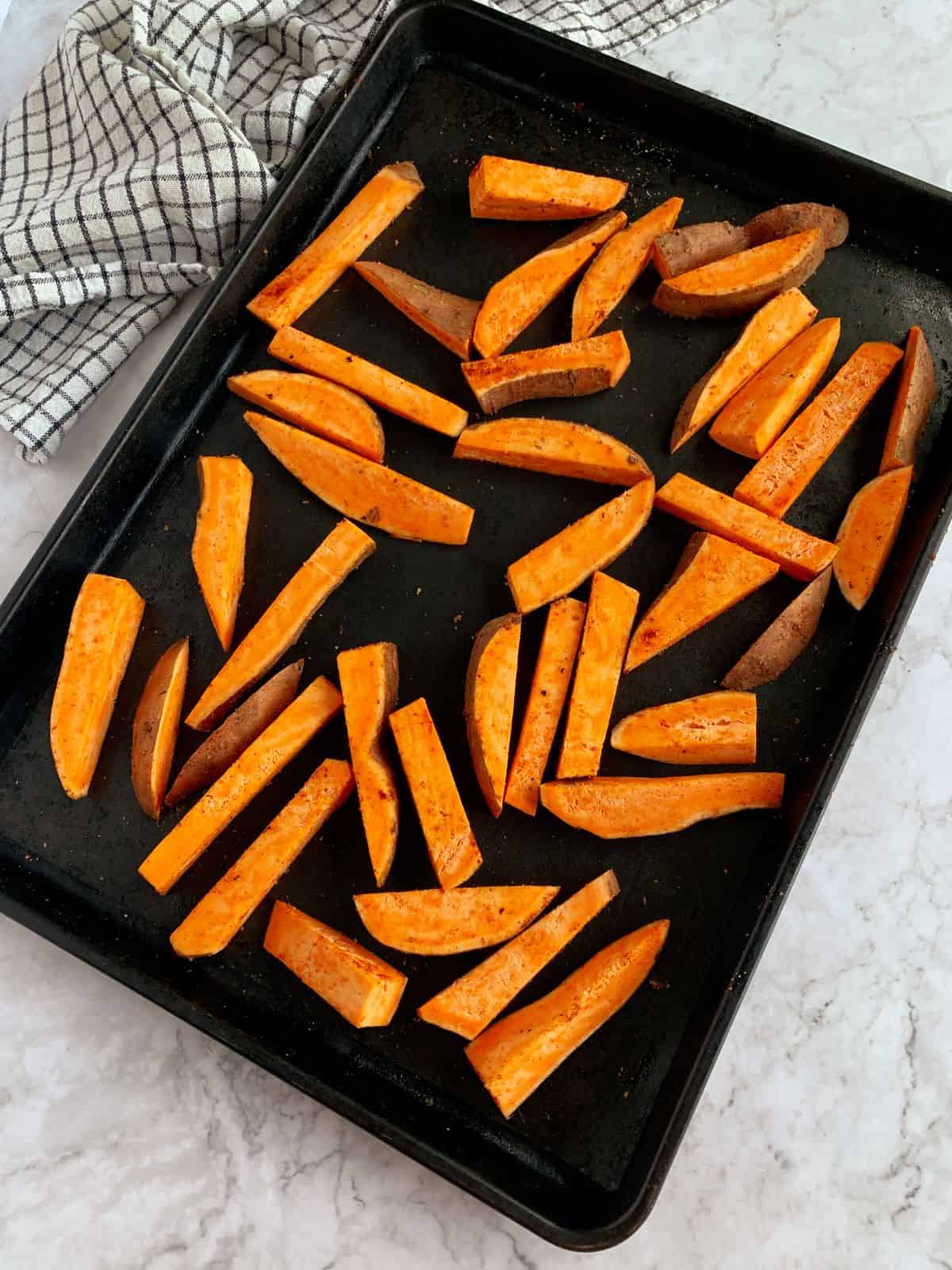 Cut sweet potato fries ready to bake, oil free.