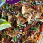 Pin for Dump & go taco casserole in glass dish topped with cilantro and lime