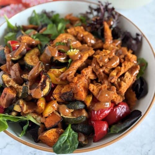bbq soy curl bowl with oil free roasted vegetables and creamy smoky bbq sauce