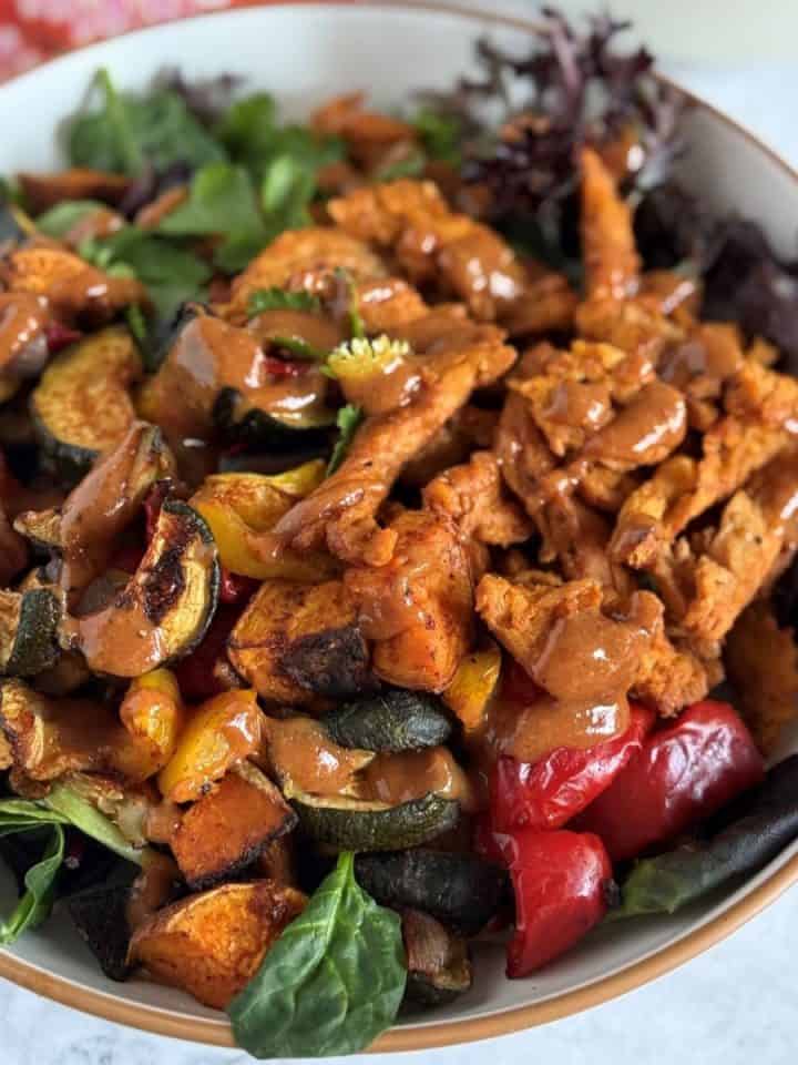 bbq soy curl bowl with oil free roasted vegetables and creamy smoky bbq sauce