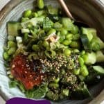 simple cucumber and edamame salad with coconut aminos and garlic chili sauce