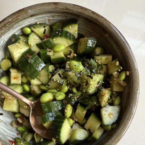 simple cucumber and edamame salad with coconut aminos and garlic chili sauce