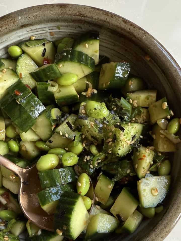 simple cucumber and edamame salad with coconut aminos and garlic chili sauce