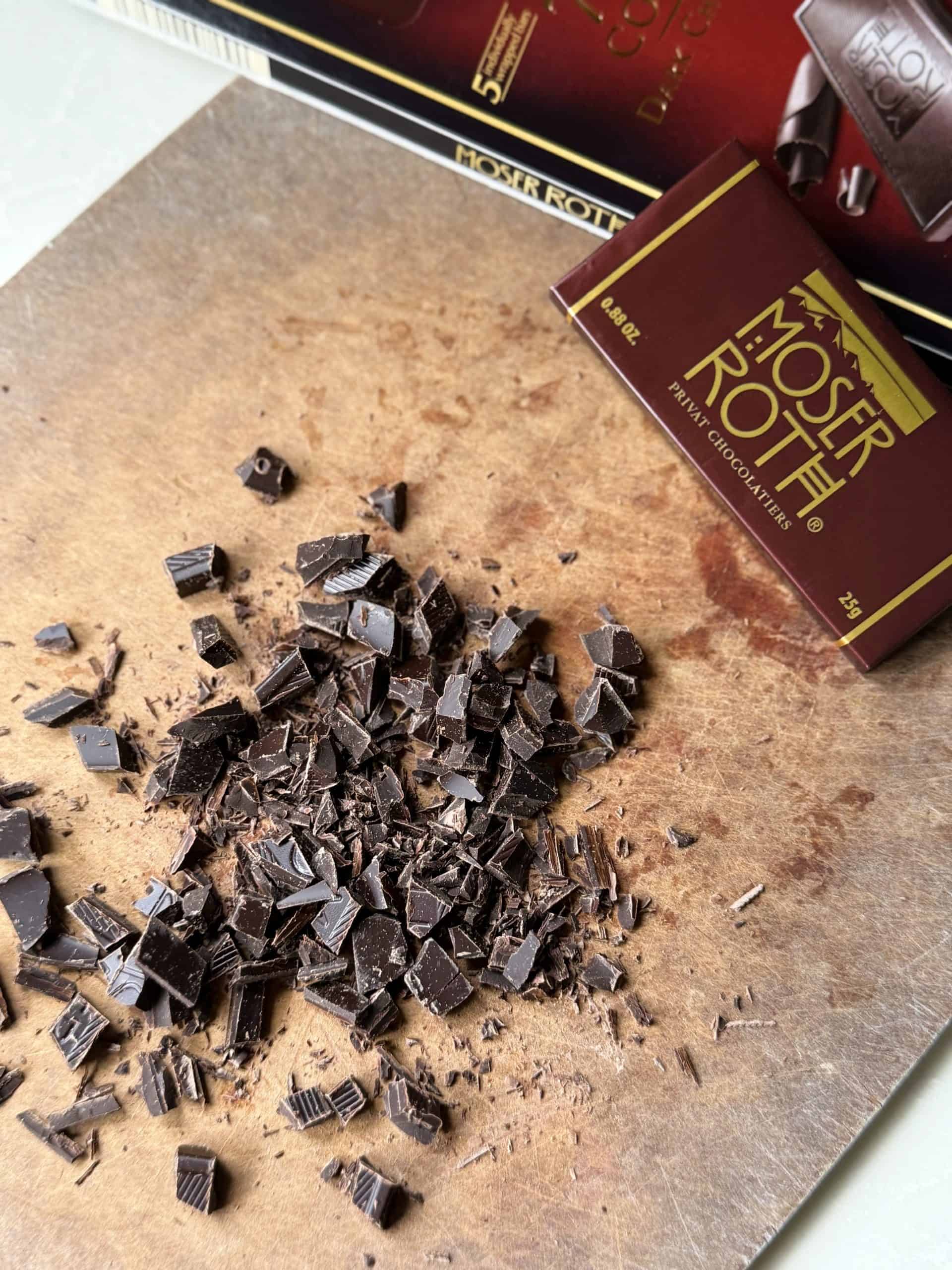 chopped vegan chocolate bar for mint chocolate chip ice cream