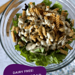 Vegan, oil free, no mayo chicken Caesar salad with pasta