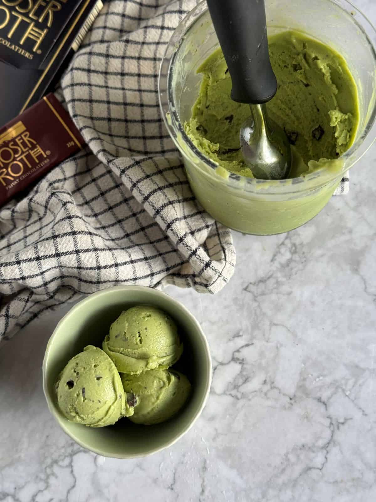 Vegan mint chocolate chip ice cream from the ninja creami, made healthy with hidden spinach and beans!
