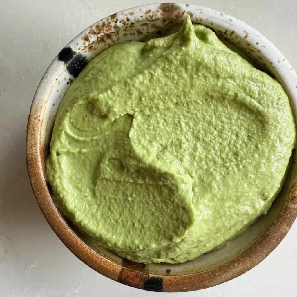 High protein edamame pesto hummus.