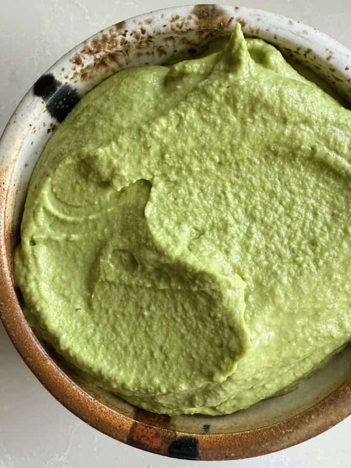 High protein edamame pesto hummus.