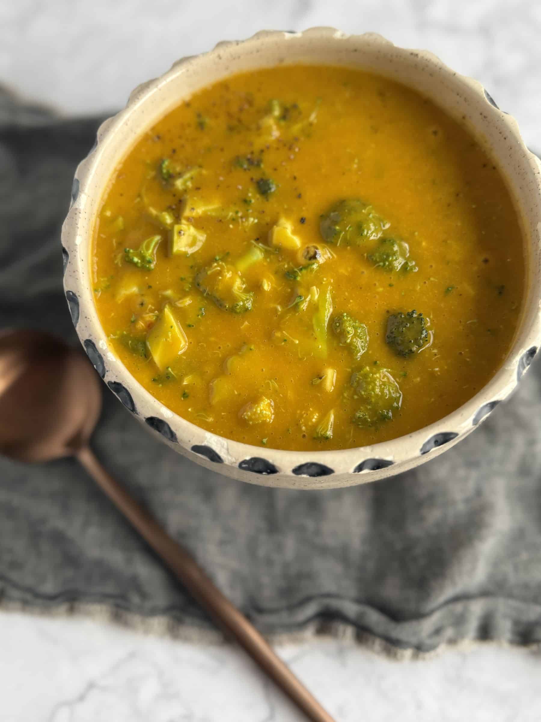 broccoli cheddar soup in a bowl- dairy free and vegan