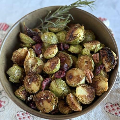 Oil free roasted brussels sprouts with pecans and cranberries