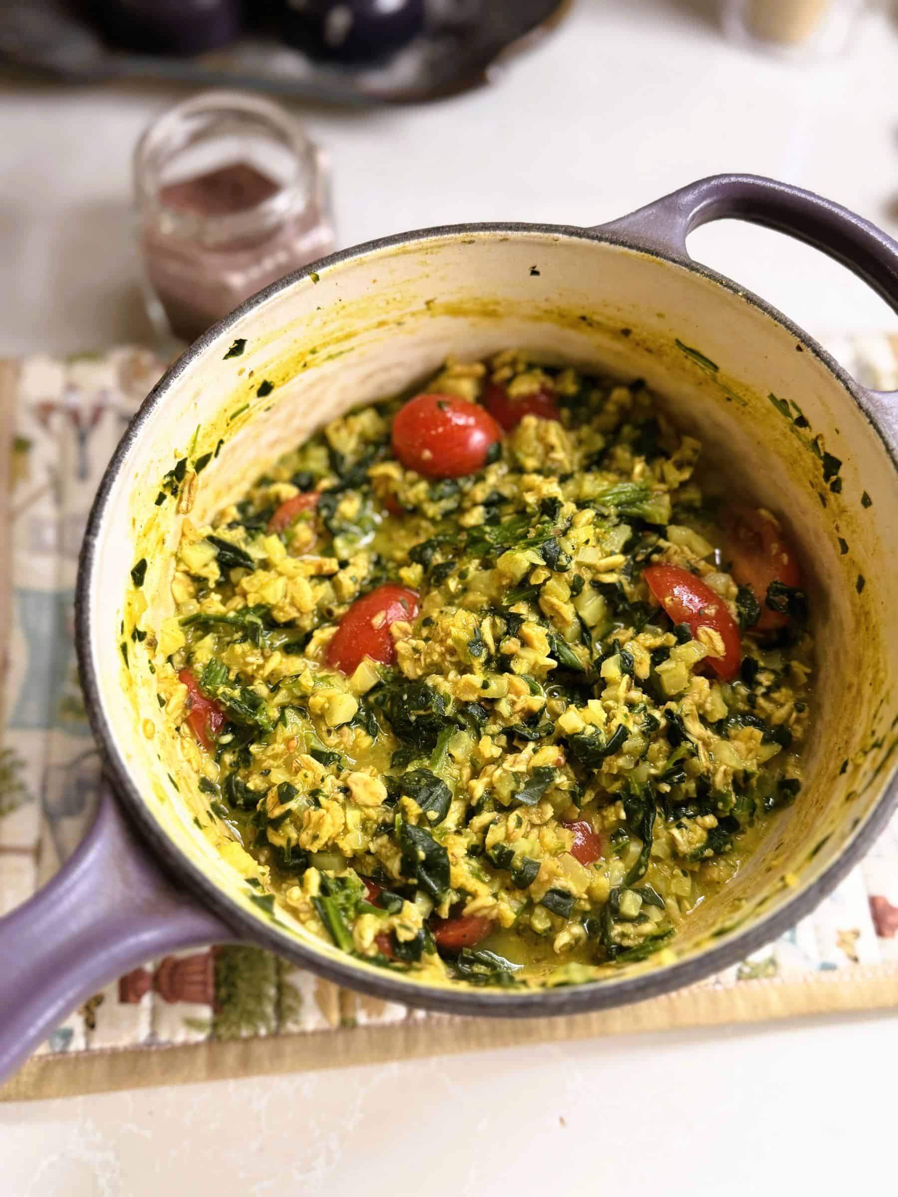 weight loss friendly, high protein vegan savory oatmeal with tvp and vegetables