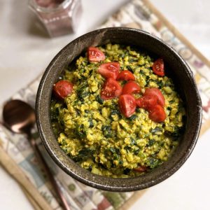 weight loss friendly, high protein vegan savory oatmeal with tvp and vegetables