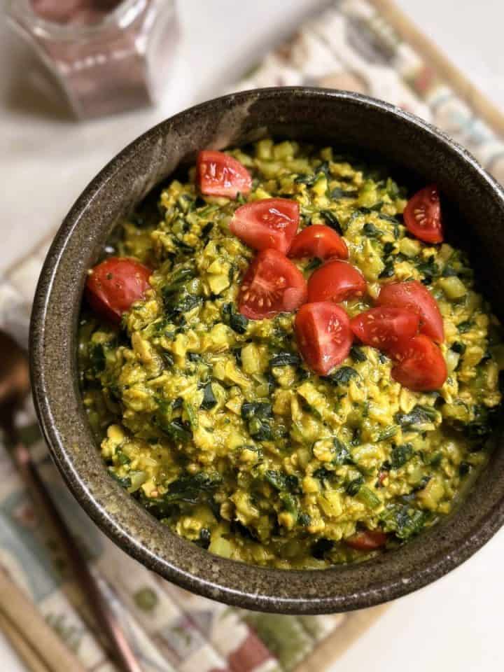 weight loss friendly, high protein vegan savory oatmeal with tvp and vegetables