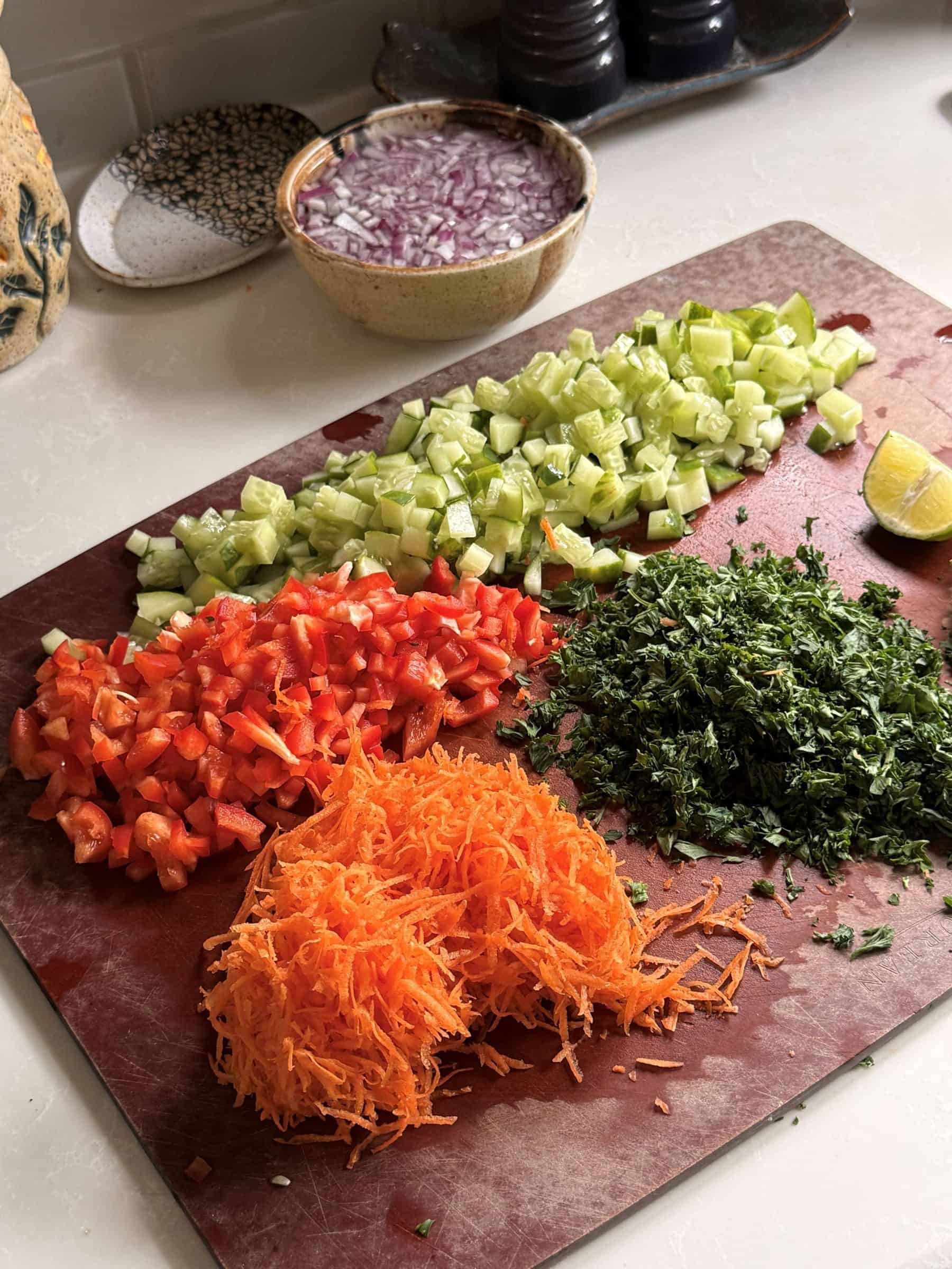Vegetables prepared for Easy Bean Salad