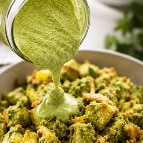carrot top herb sauce over potato salad