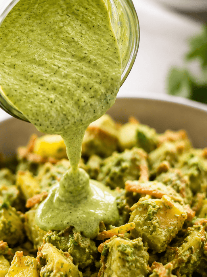 carrot top herb sauce over potato salad
