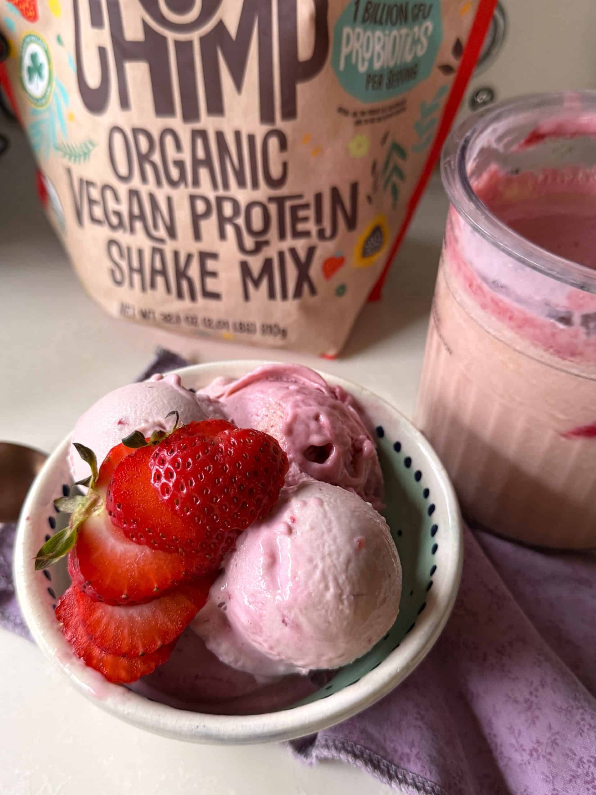 Strawberry protein creami with earthchimp vegan protein powder