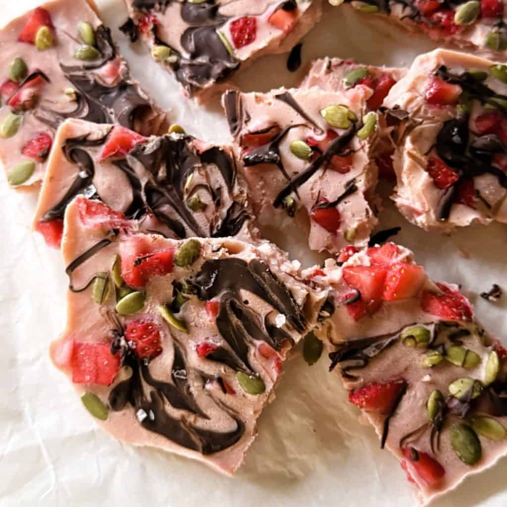 vegan Strawberry protein frozen yogurt bark