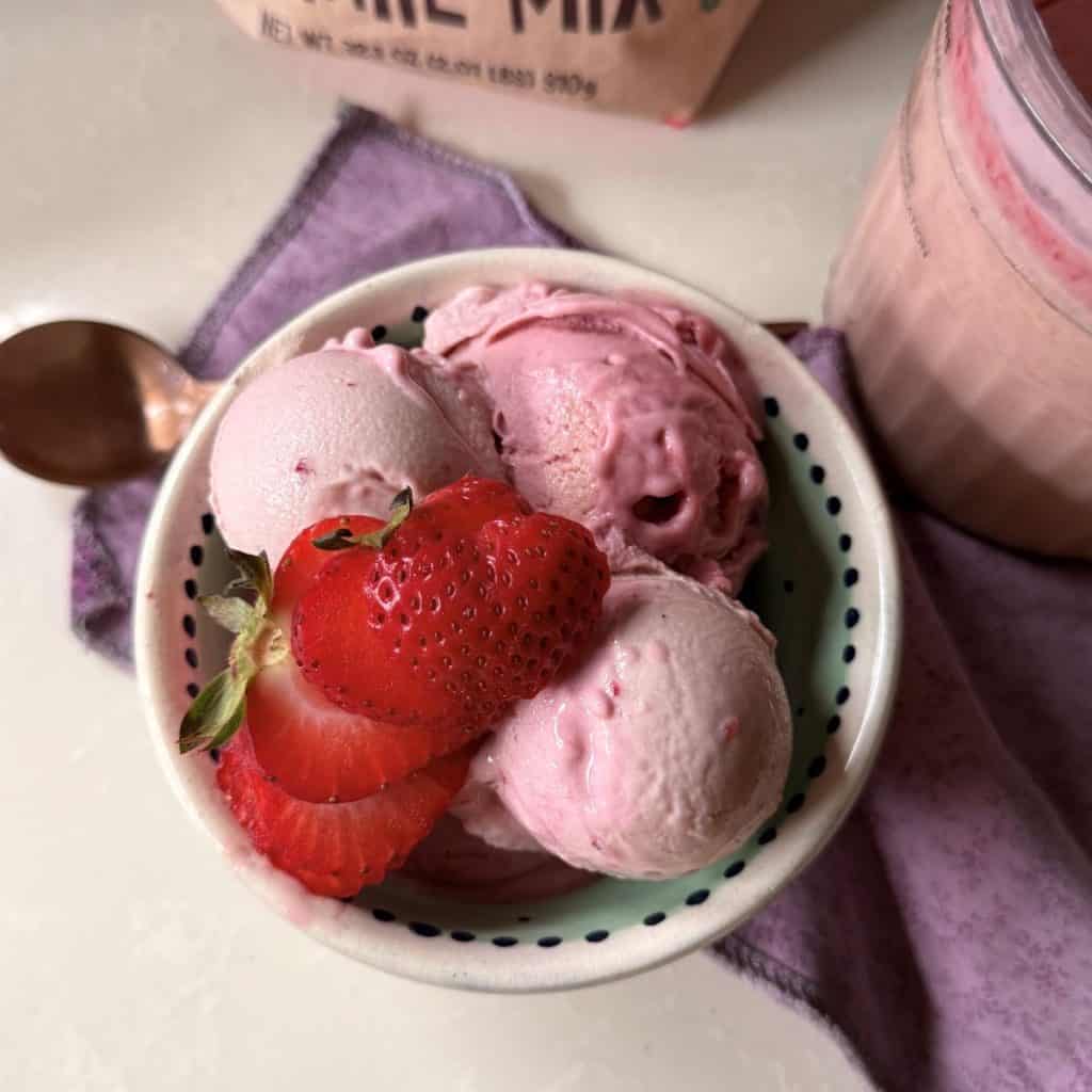 Strawberry protein creami with earthchimp vegan protein powder