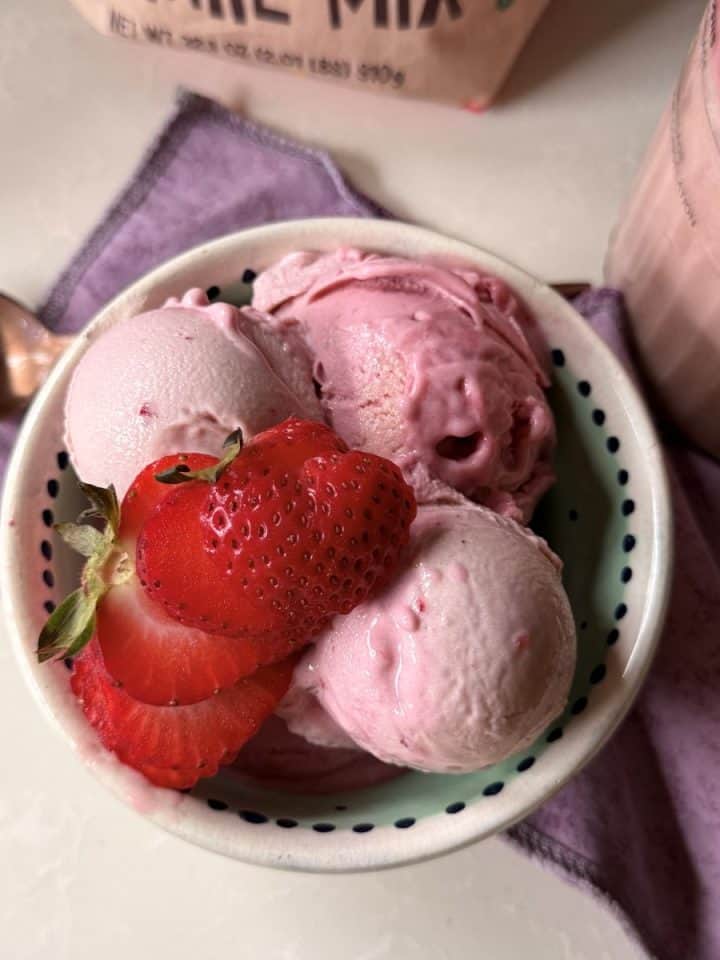 Strawberry protein creami with earthchimp vegan protein powder