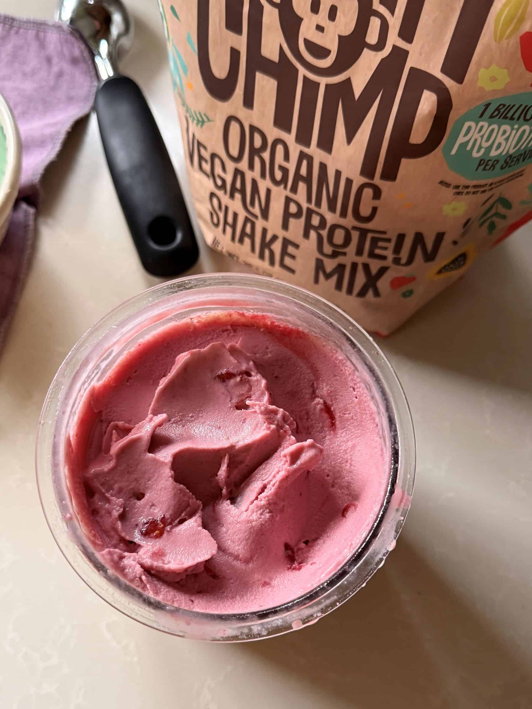 Strawberry protein creami with earthchimp vegan protein powder